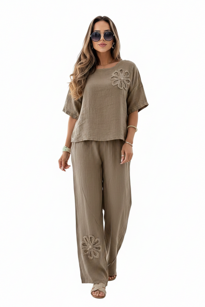 Womens Embroidered Linen Look Half Sleeve Top Wide Leg Pants 2-Piece Set 8-18