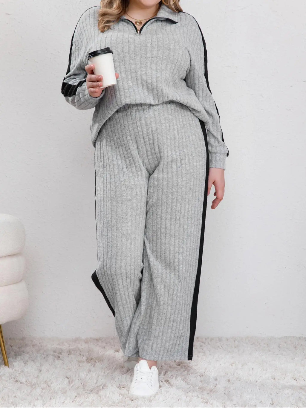 Womens Plus Size Contrast Trim Zipper Top Wide Leg Pants Two-Piece Set UK 18-24