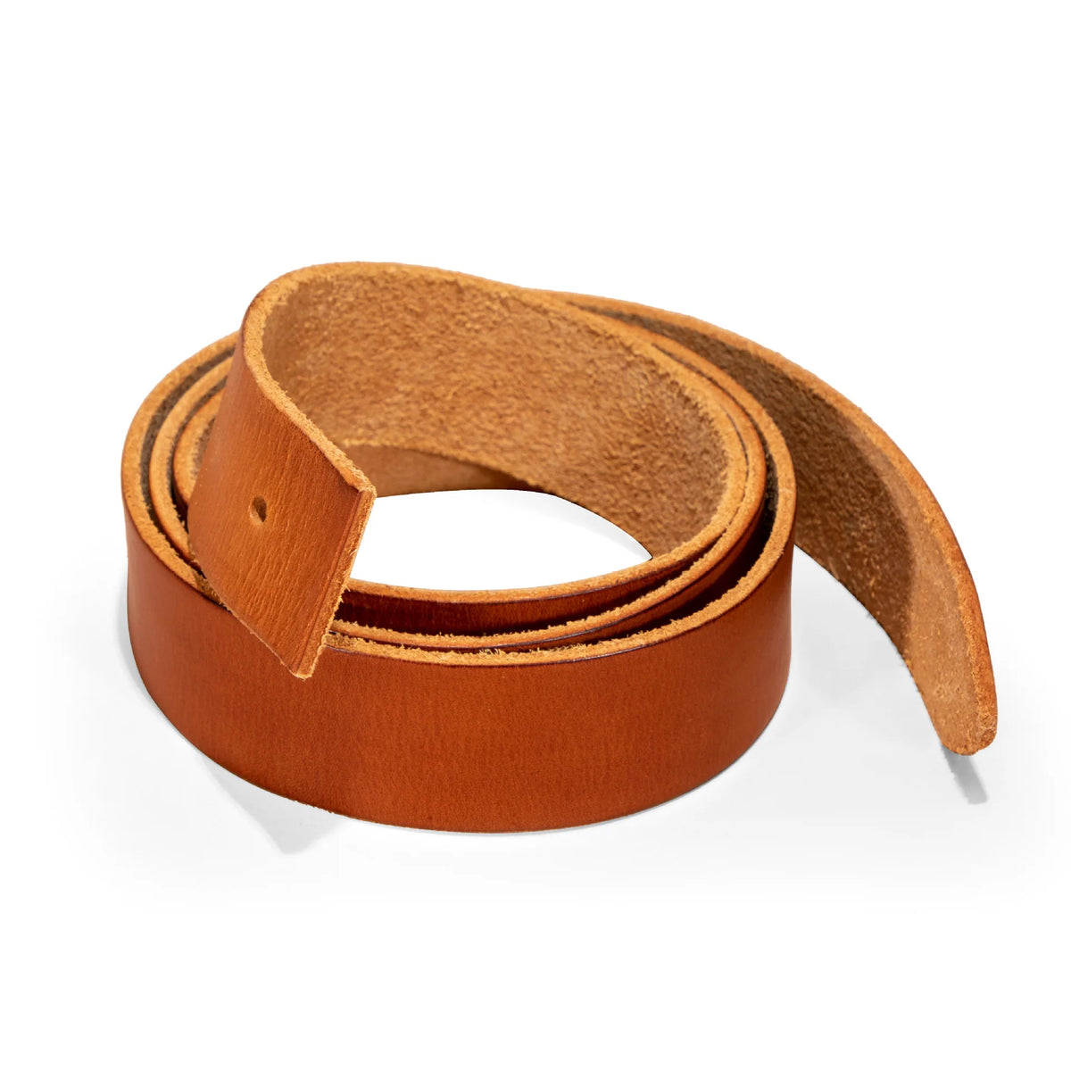 A coiled tan leather belt with a matching leather keeper, displayed on a clean white background.