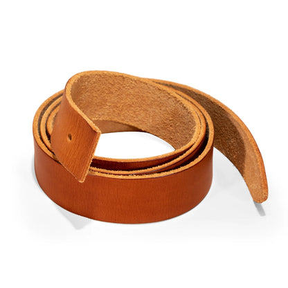 A coiled tan leather belt with a matching leather keeper, displayed on a clean white background.
