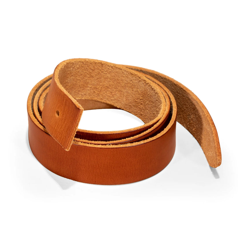 A coiled tan leather belt with a matching leather keeper, displayed on a clean white background.