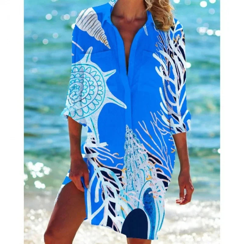 1.Boho Style Summer Cover-Up – Women's Tropical Print Beach Blouse Selection