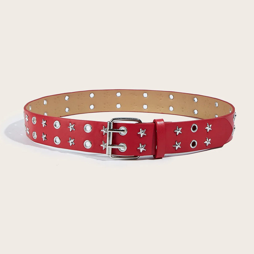 Red belt with star patterns on a beige background
