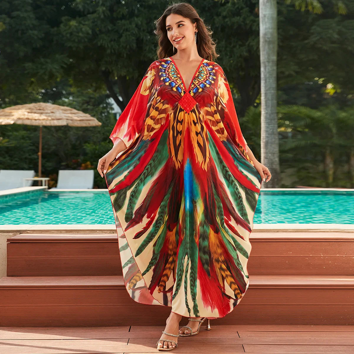 1. Maxi Kaftan Beach Dresses for Women – Artistic Summer Robe with Bold Prints