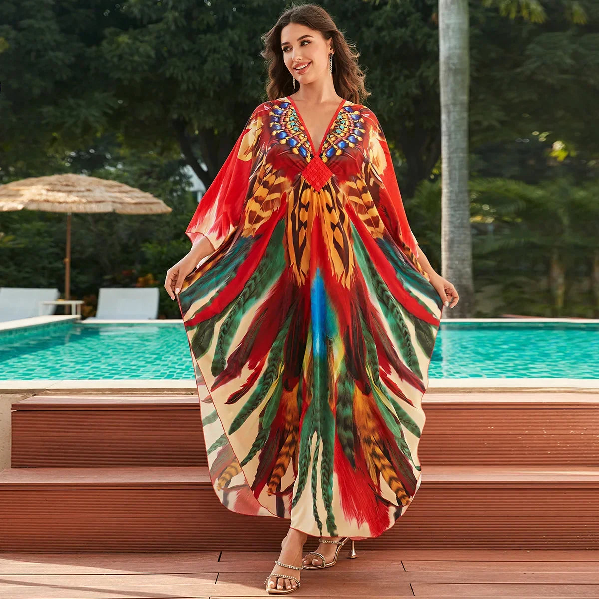 1. Maxi Kaftan Beach Dresses for Women – Artistic Summer Robe with Bold Prints