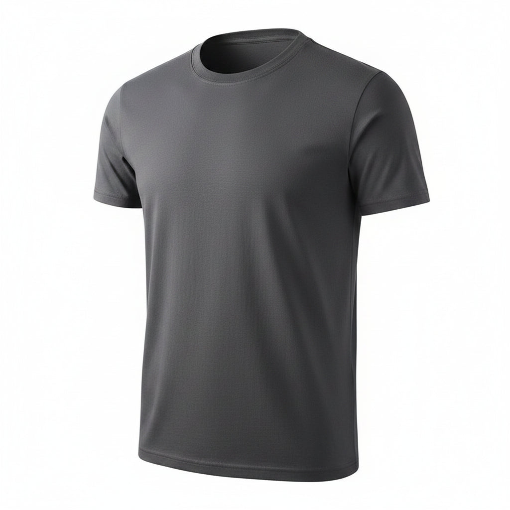 Gray t-shirt with a tag held by a hand on a white background