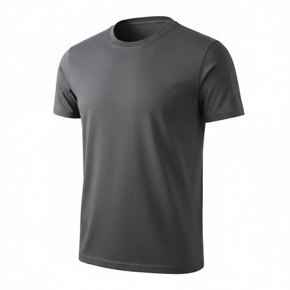 Gray t-shirt with a tag held by a hand on a white background