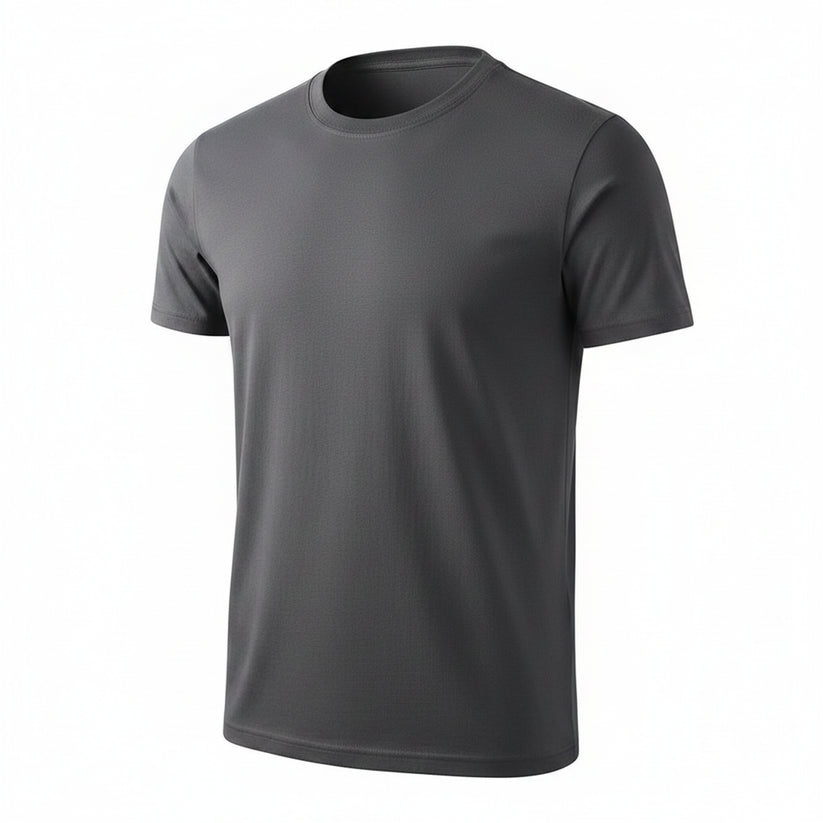 Gray t-shirt with a tag held by a hand on a white background