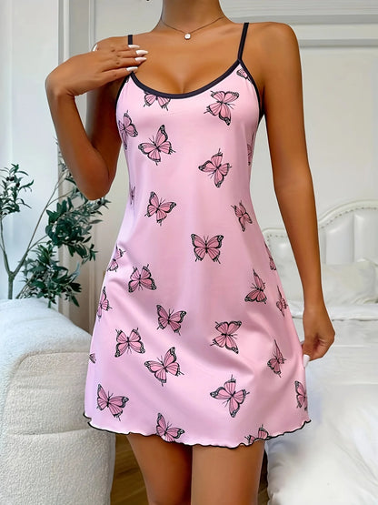 Womens Butterfly Print Nightdress Spaghetti Strap Summer Slip Nightie - QHA UK