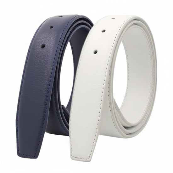 Two slim leather belts, one navy blue and one white, coiled side-by-side on a plain white background.