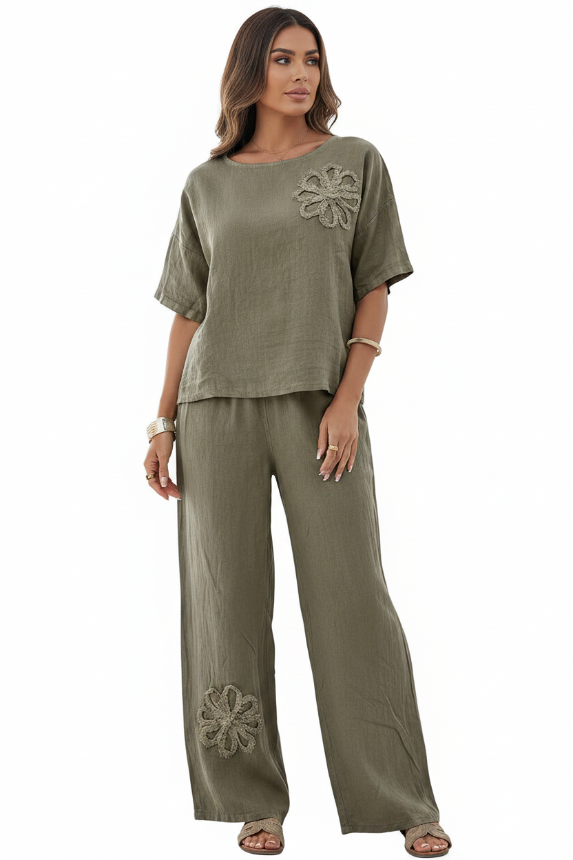 Womens Embroidered Linen Look Half Sleeve Top Wide Leg Pants 2-Piece Set 8-18