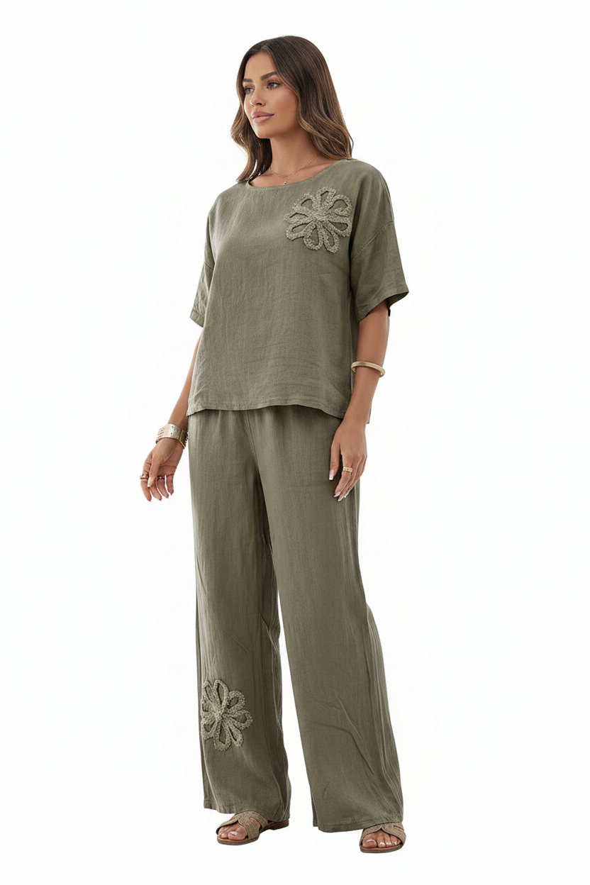 Womens Embroidered Linen Look Half Sleeve Top Wide Leg Pants 2-Piece Set 8-18