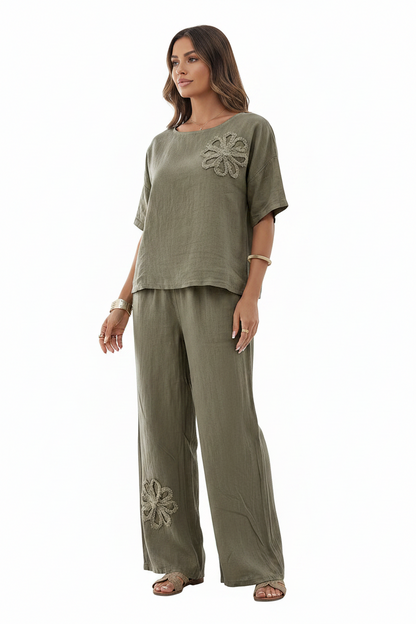 Womens Embroidered Linen Look Half Sleeve Top Wide Leg Pants 2-Piece Set 8-18