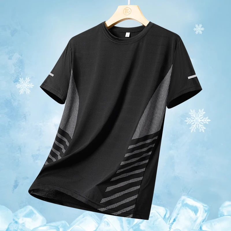 Mens Quick Dry Summer Running T-Shirt Ice Silk Breathable Reflective Gym Top