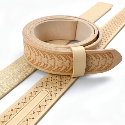 Beige leather belt with embossed design on a white background, featuring the brand 'Deepeel'.