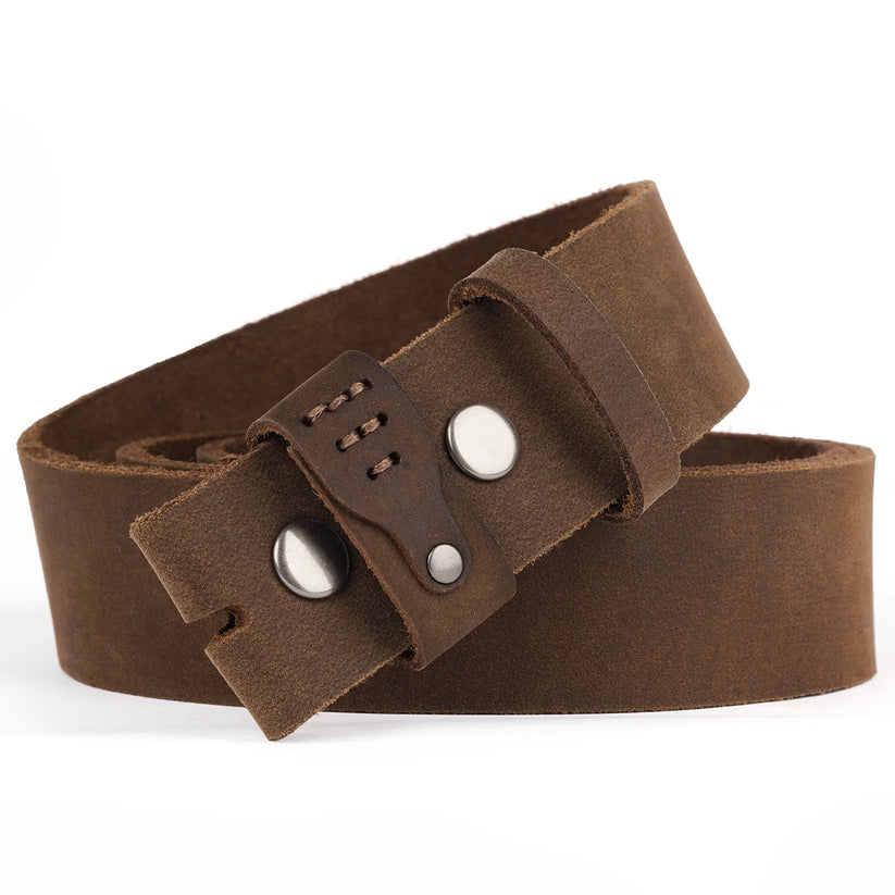 A dark brown leather belt with a matching stitched keeper and silver-tone metal rivets, coiled on a white background.