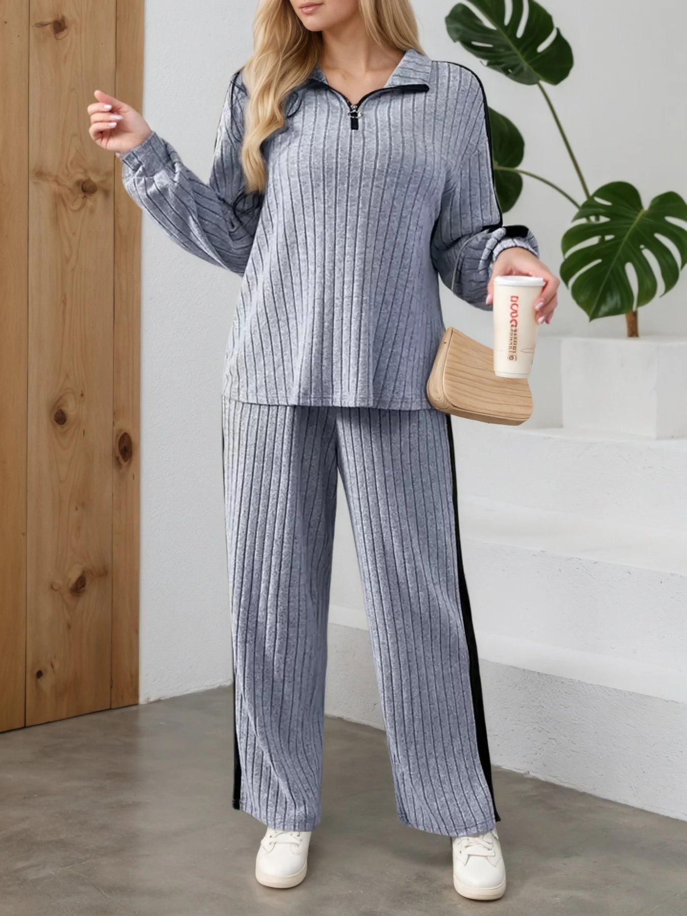 Womens 2-Piece Suit Zipper Collar Long Sleeve Top Wide Leg Pants 8-16