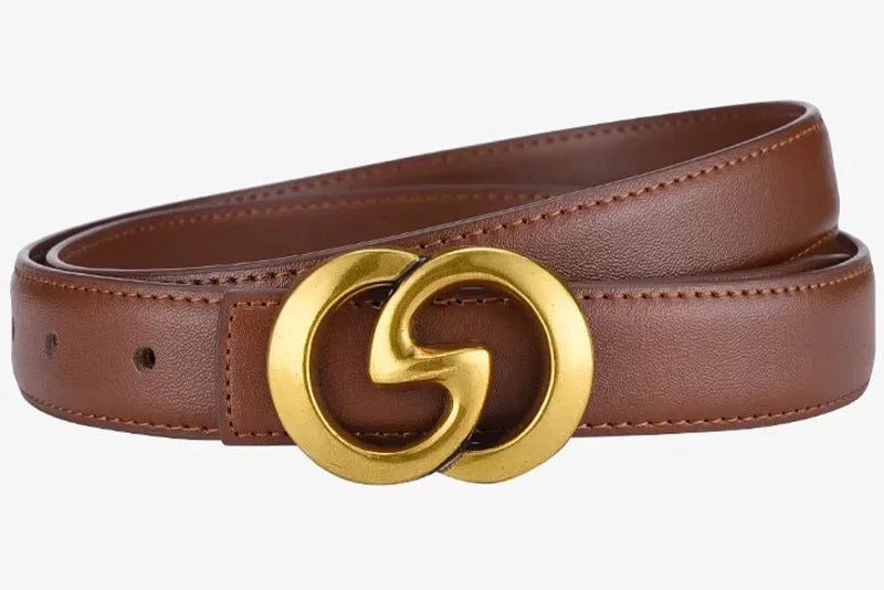 Brown leather belt with a gold buckle on a white background