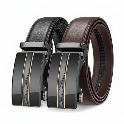 Two leather belts with black and brown Colour options on a white background.