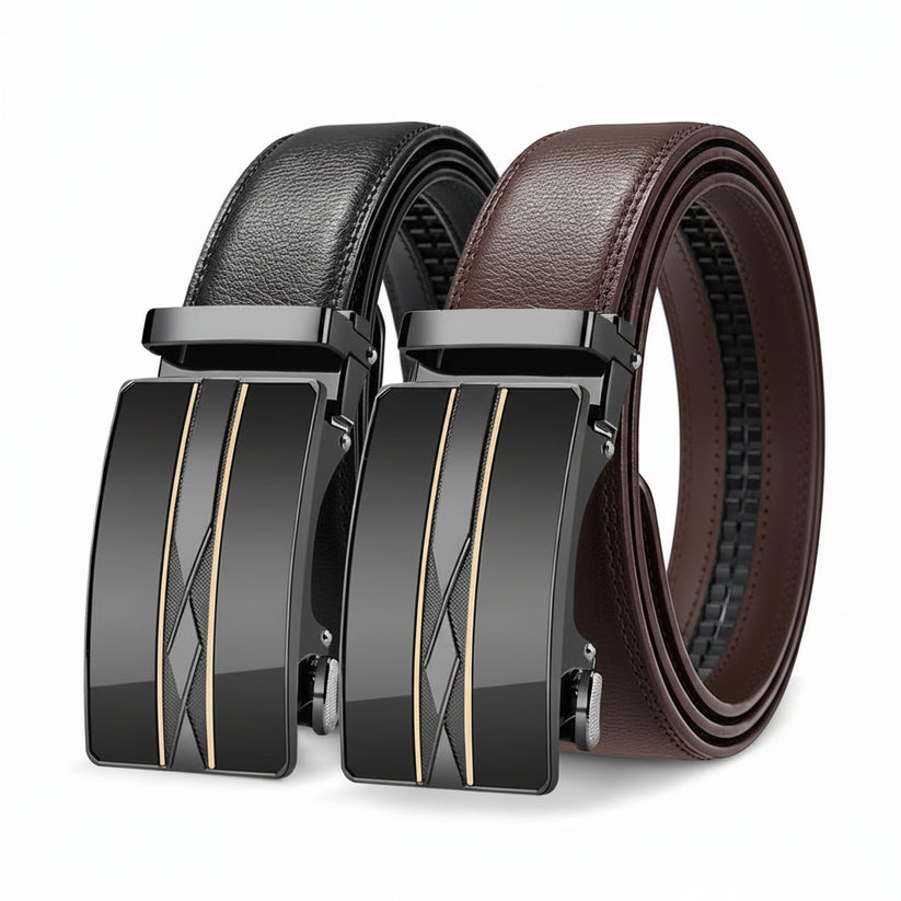 Two leather belts with black and brown Colour options on a white background.