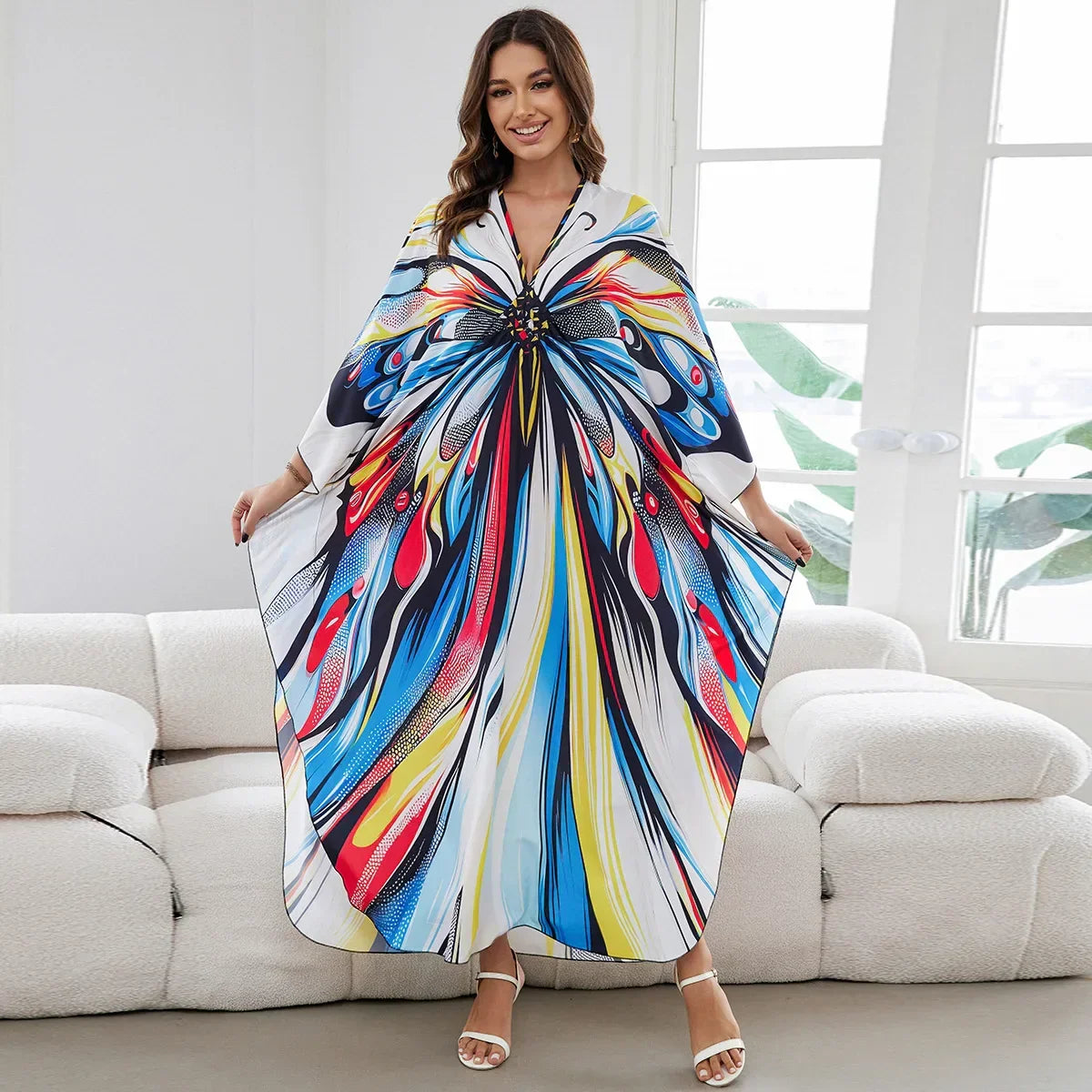 1. Maxi Kaftan Beach Dresses for Women – Artistic Summer Robe with Bold Prints