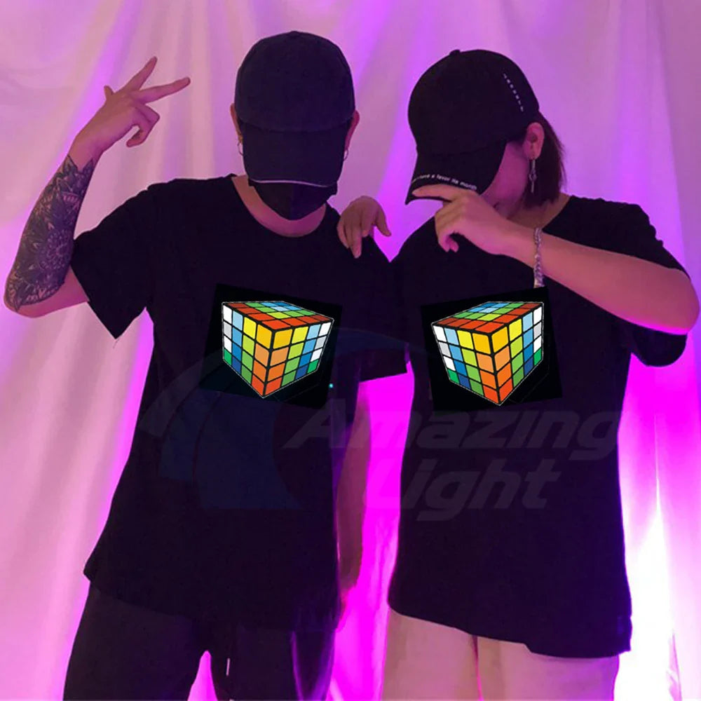 Sound-Activated LED T-Shirt – Colourful Rubik's Cube Light-Up Panel, Music Responsive Flashing Selection
