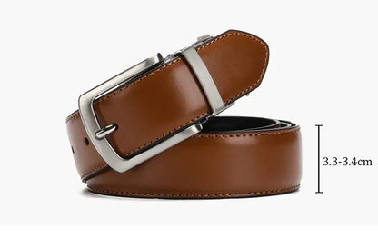 Brown leather belt with silver buckle on a white background