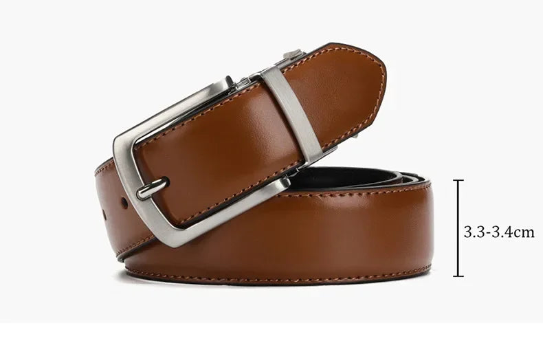 Brown leather belt with silver buckle on a white background