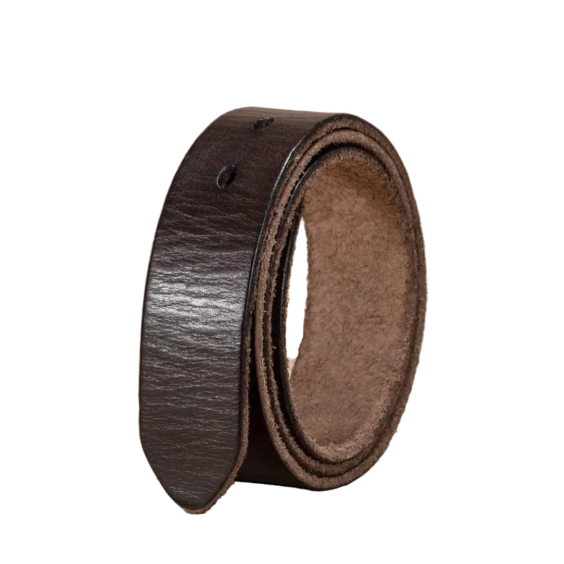 A dark brown leather belt rolled up, showing its textured grain exterior and a lighter tan interior, set against a solid beige background.