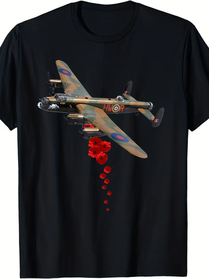 A black short-sleeve crewneck t-shirt featuring a graphic print of a vintage military bomber aircraft with red rose details and red blood splatters.