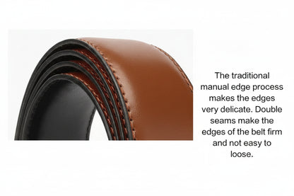 Close-up of a brown leather belt with double seams on a white background.