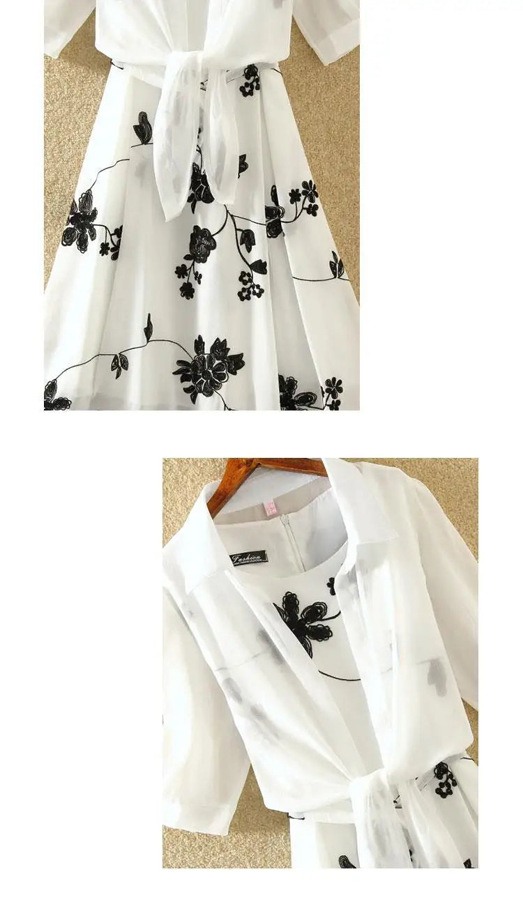 Womens Floral Embroidery Two-Piece Dress Suit Bow Belt UK 8-16