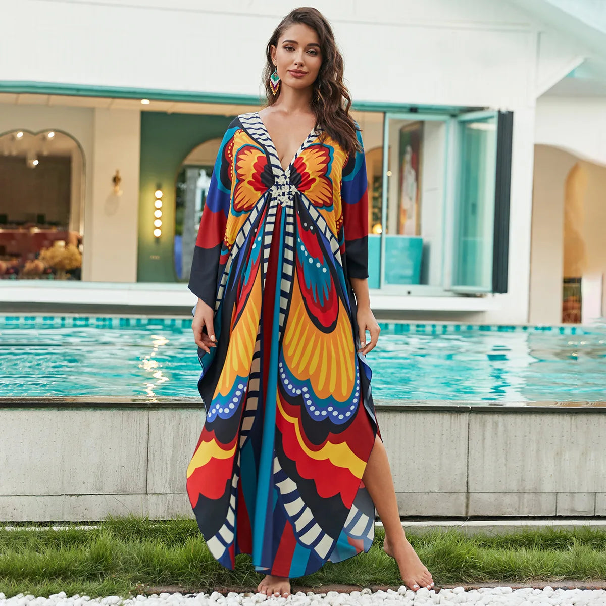 2.Maxi Kaftan Beach Dresses for Women – Artistic Summer Robe with Bold Prints