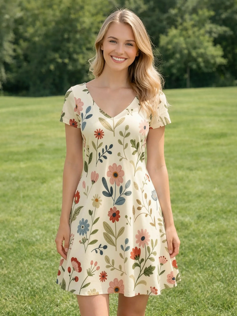 Womens Floral V Neck Short Sleeve A Line Mini Dress XS to XXL