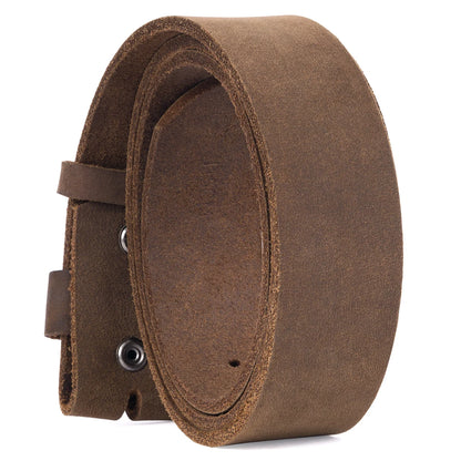 A brown suede or nubuck belt, neatly coiled to show its texture and double-buckle closure mechanism, set against a plain white background.