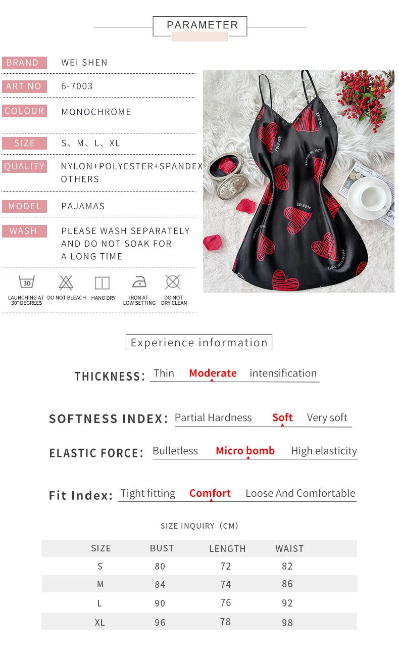 Womens Satin Lip Print Nightdress V Neck Backless Mini Sleepwear - QHA UK