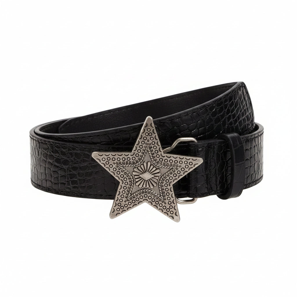Black belt with a star-shaped buckle on a beige background