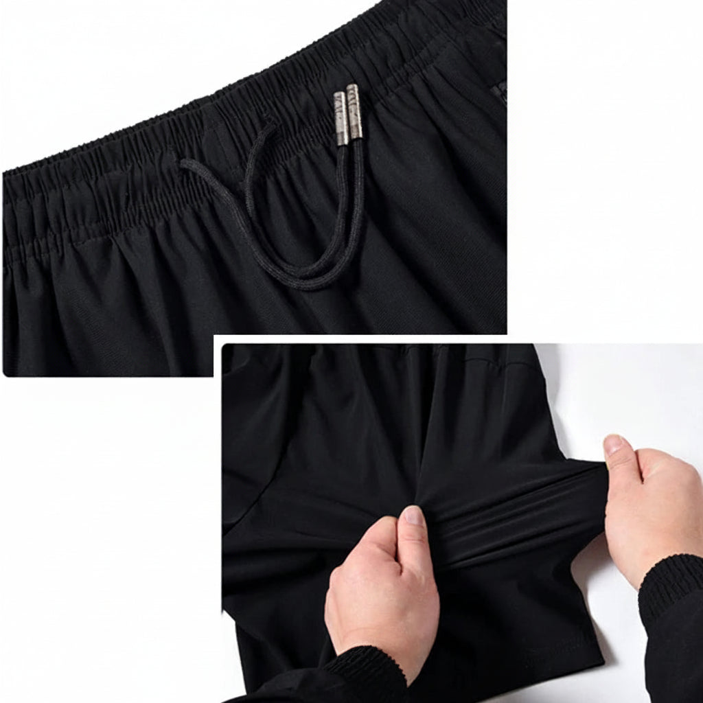 Black pants with drawstring and elastic waistband, featuring MANTLCONX branding.