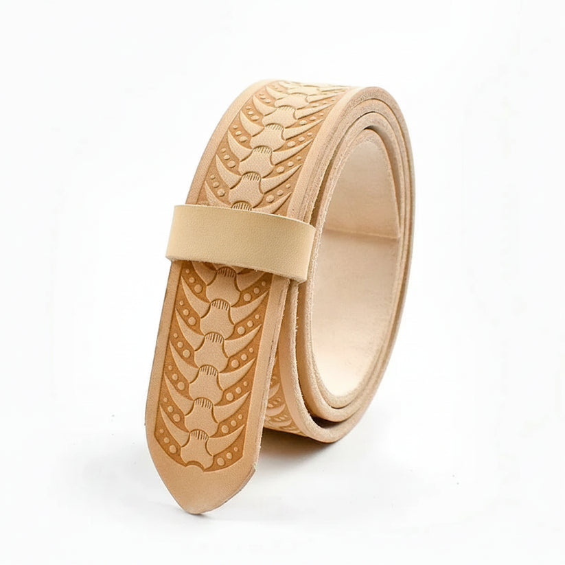 Wooden belt with intricate carvings on a white background