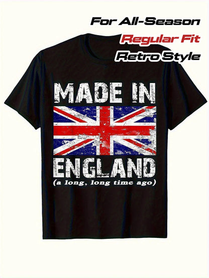A black short-sleeve t-shirt with a distressed Union Jack graphic and the text 'MADE IN ENGLAND (a long, long time ago)' on a light background. Text overlays at the top read 'For All-Season Regular Fit Retro Style'.