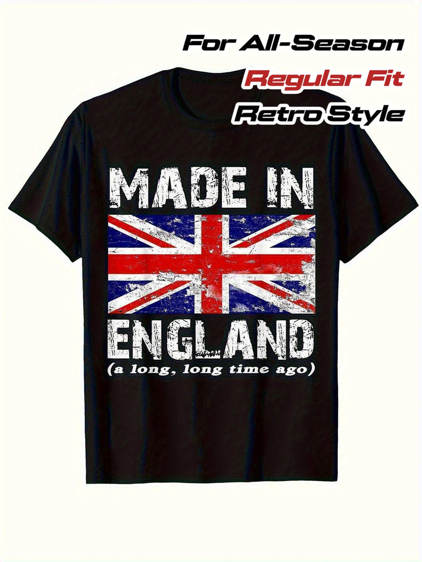 A black short-sleeve t-shirt with a distressed Union Jack graphic and the text 'MADE IN ENGLAND (a long, long time ago)' on a light background. Text overlays at the top read 'For All-Season Regular Fit Retro Style'.