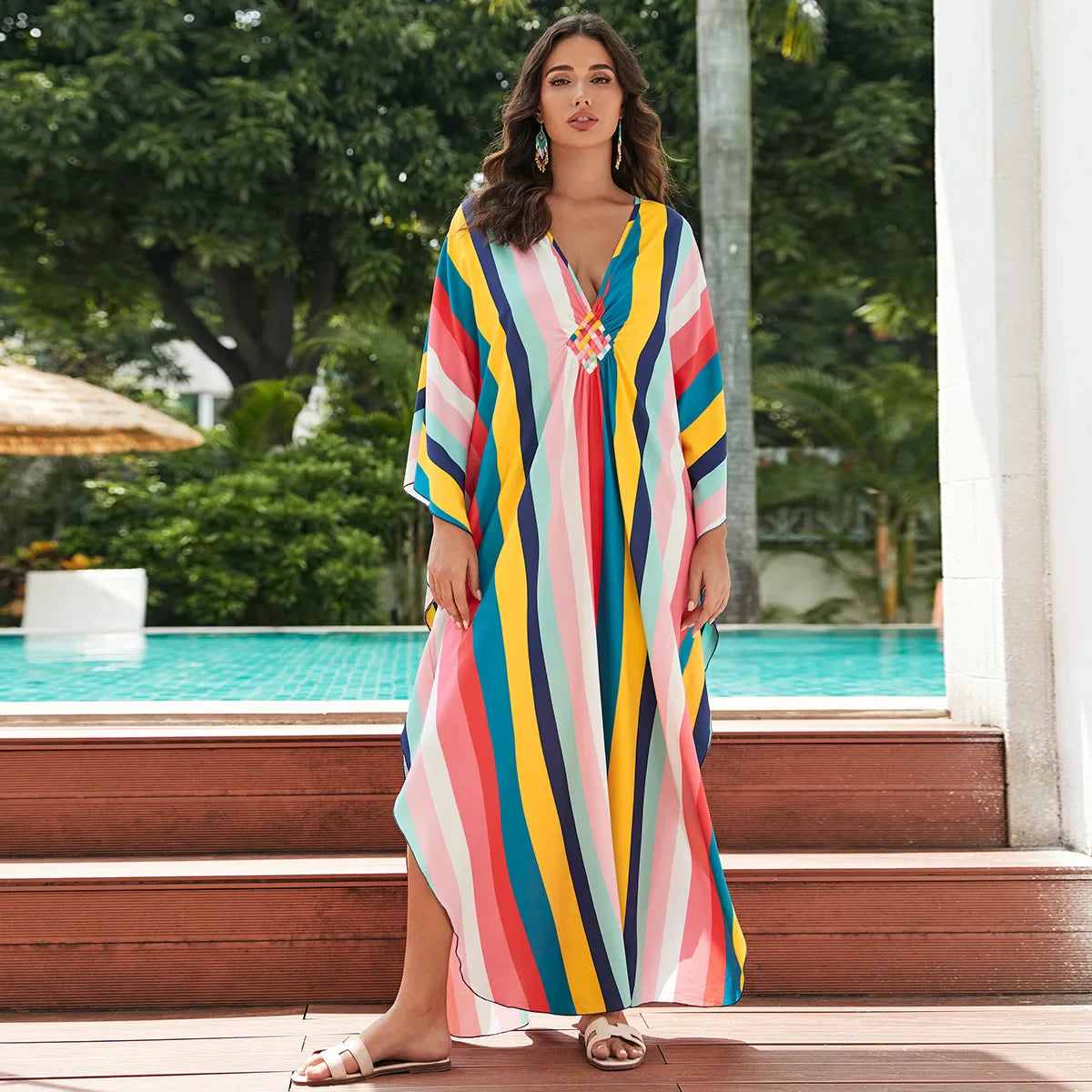 2.Maxi Kaftan Beach Dresses for Women – Artistic Summer Robe with Bold Prints