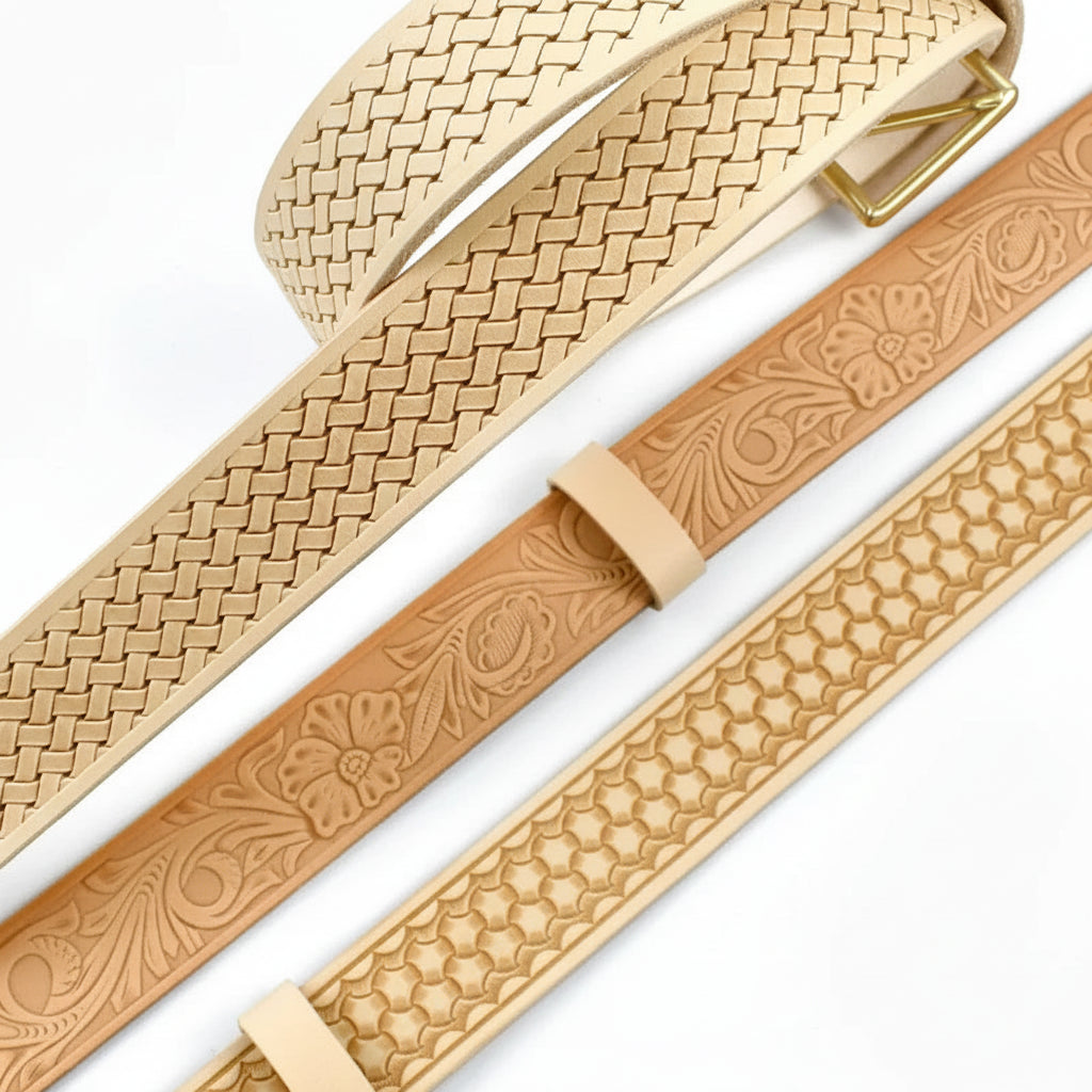 Three light tan leather belts with different embossed patterns (weave, floral scroll, honeycomb) displayed diagonally on a white background with the brand name 'Deepeel' in the top left corner.