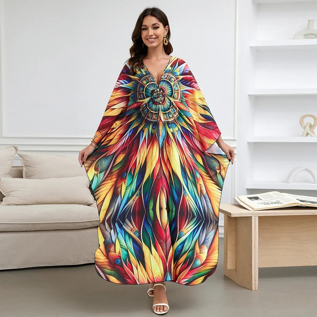 1. Maxi Kaftan Beach Dresses for Women – Artistic Summer Robe with Bold Prints