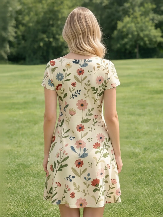 Womens Floral V Neck Short Sleeve A Line Mini Dress XS to XXL