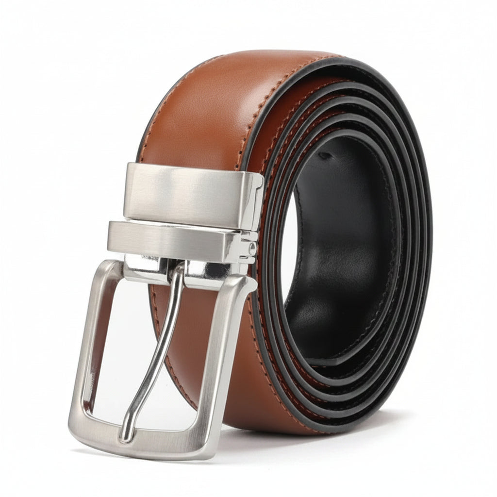 Brown leather belt with silver buckle on a white background