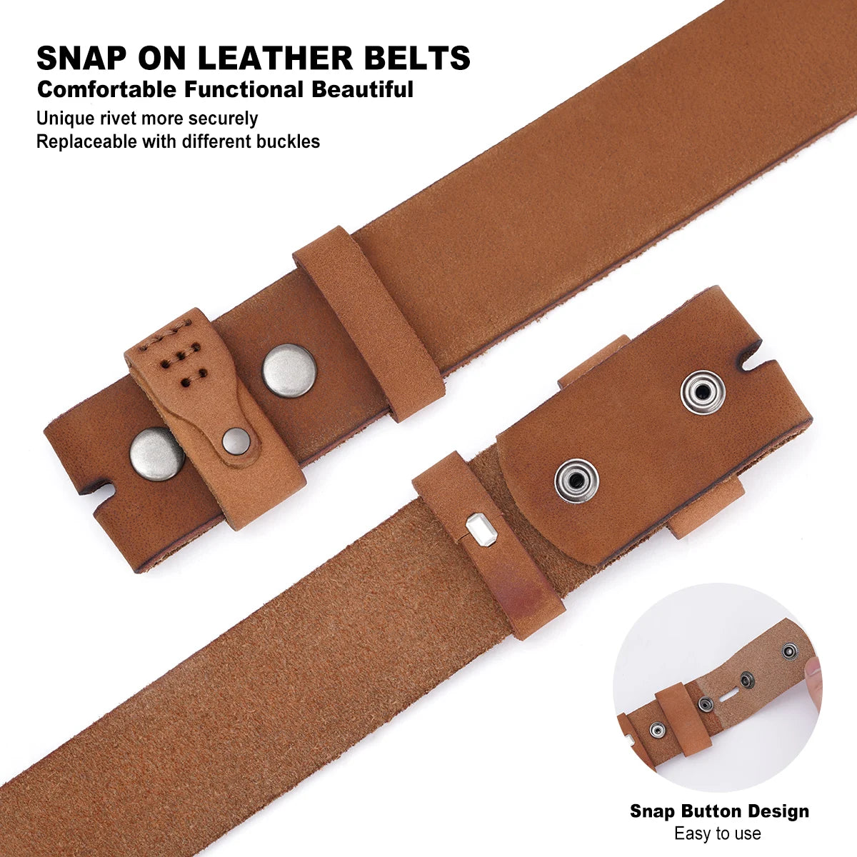 Brown leather belt with a snap button closure, shown in a clean product layout with text callouts and a circular inset demonstrating the snap button design.