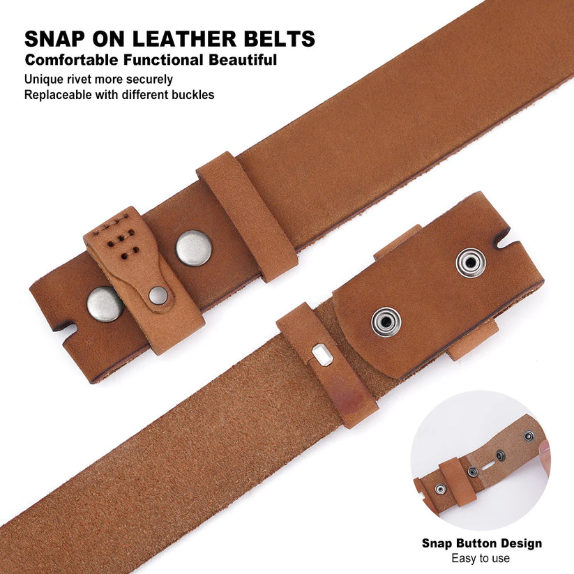 Brown leather belt with a snap button closure, shown in a clean product layout with text callouts and a circular inset demonstrating the snap button design.
