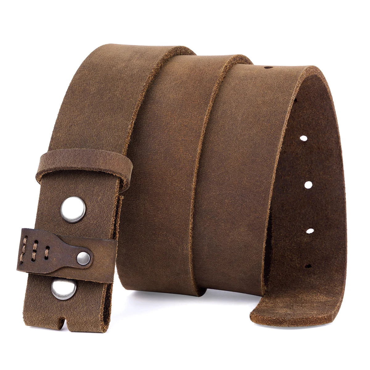 A wide brown leather belt with a unique multi-loop design and silver-tone metal rivets and eyelets, shown on a clean white background.