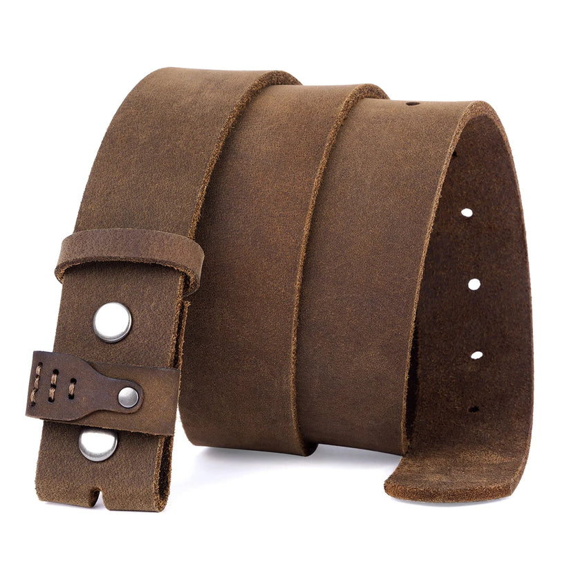 A wide brown leather belt with a unique multi-loop design and silver-tone metal rivets and eyelets, shown on a clean white background.